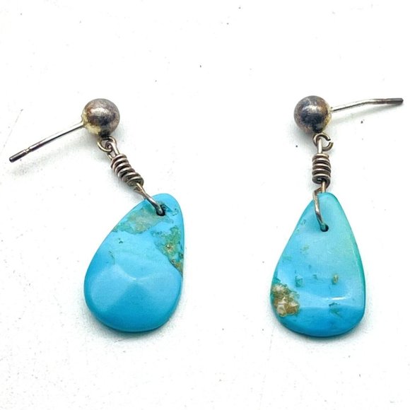 Turquoise Color Teardrop Dangle Earrings Silver Tone Ethnic Native Tribal SW - Picture 1 of 11